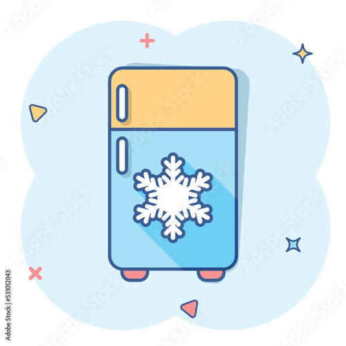 Fridge refrigerator icon in comic style. Freezer container vector cartoon illustration pictogram. Fridge business concept splash effect.