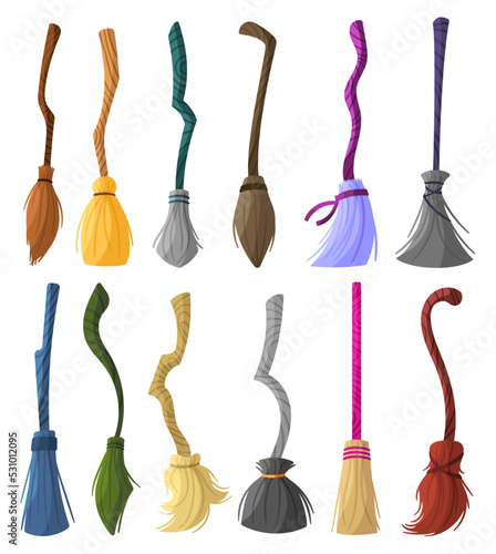 Witch brooms. Magic halloween broomstick, wizard broom and old wooden clean tool for housework cartoon vector set