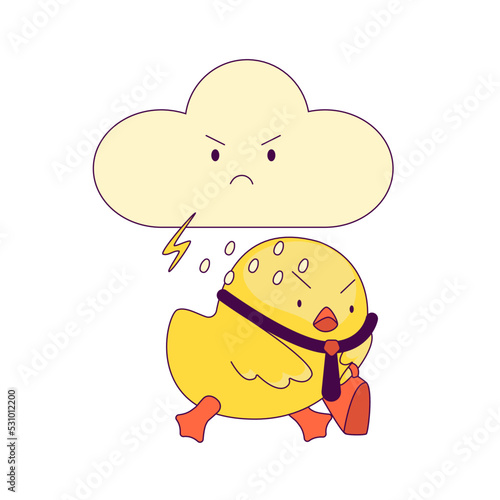 a cute little chicken in the role of a man. new trends in depicting people's lives through simple and funny forms. The chick is dissatisfied with going to work in the rain