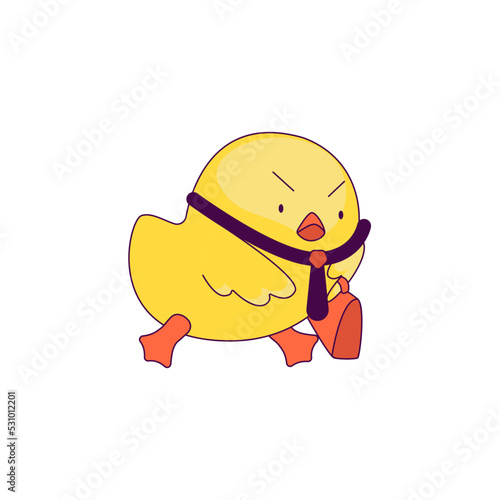 a cute little chicken in the role of a man. new trends in depicting people's lives through simple and funny forms. The chick is dissatisfied with going to work