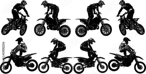 A set of black and white vector images of motorcyclists performing extreme stunts in the discipline of motofreestyle