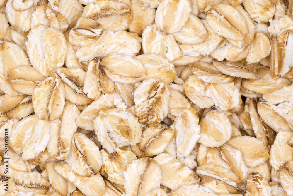 Background of the raw thick-rolled oats close-up Background of the raw thick-rolled oats close-up