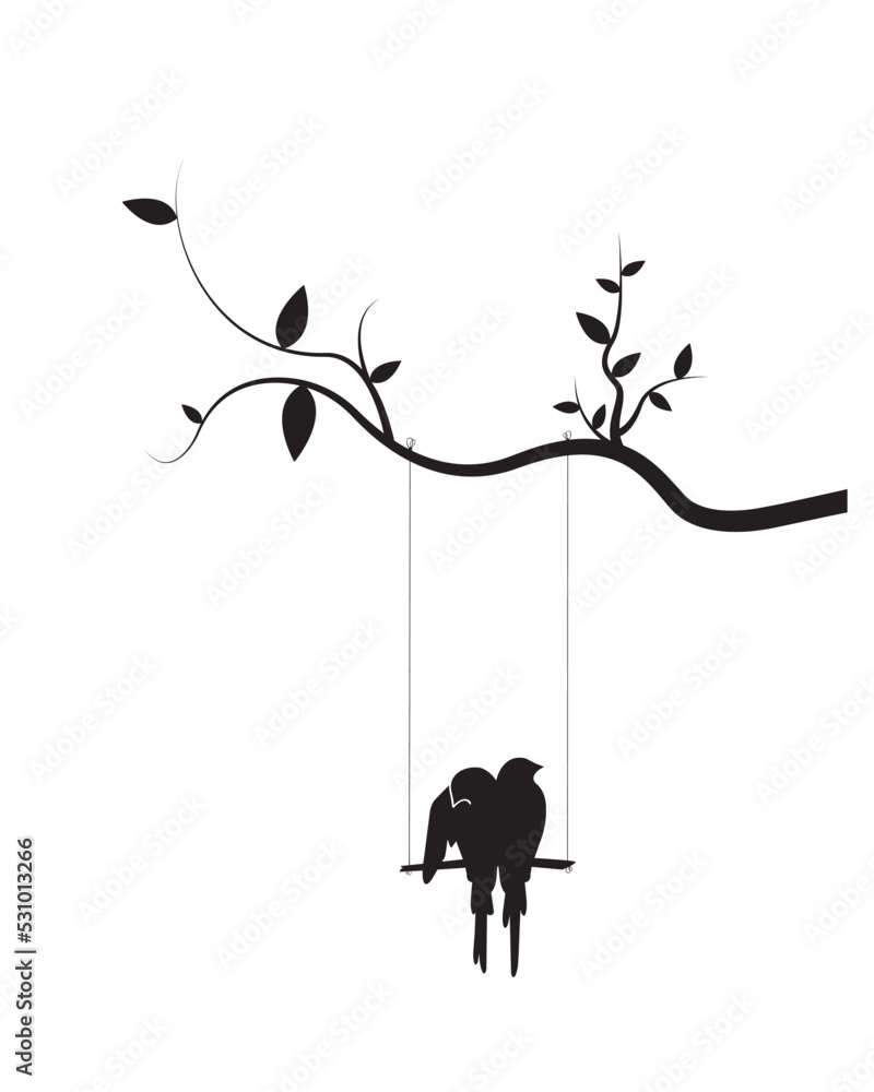 Birds Couple Silhouette Vector, Birds on swing on branch, Wall Decals