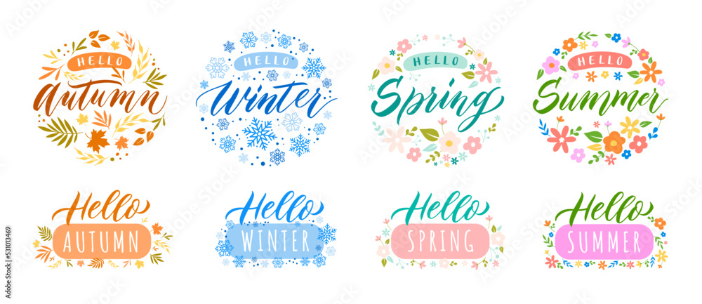 Hello season lettering badge. Autumn, Winter, Spring and Summer seasons celebrating typography badge vector Illustration set - obrazy, fototapety, plakaty 