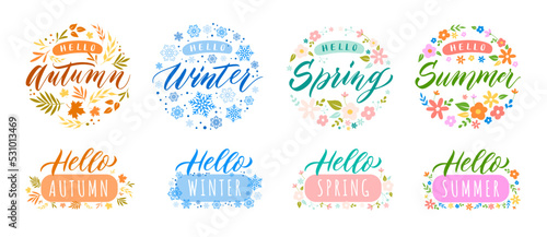 Hello season lettering badge. Autumn, Winter, Spring and Summer seasons celebrating typography badge vector Illustration set photo