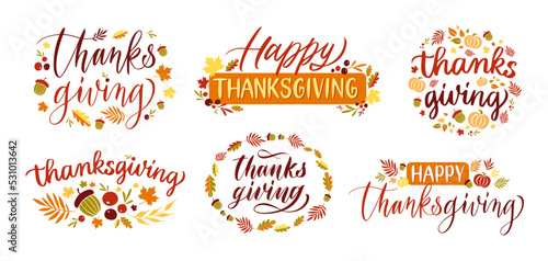 Thanksgiving day lettering. Happy thanks giving card typography, autumn holiday celebrating banner with orange leaf vector set
