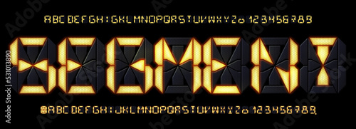Segmented display font. Digital calculator lcd screen letters and countdown numbers, futuristic tech glowing alphabet. Retro 14 segments type vector set