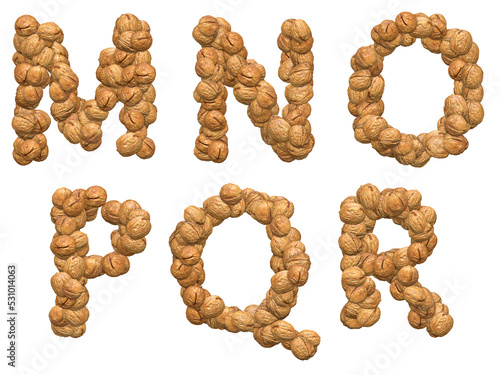 set of font made of walnut, 3d rendering, typography and graphic design, letters MNOPQR