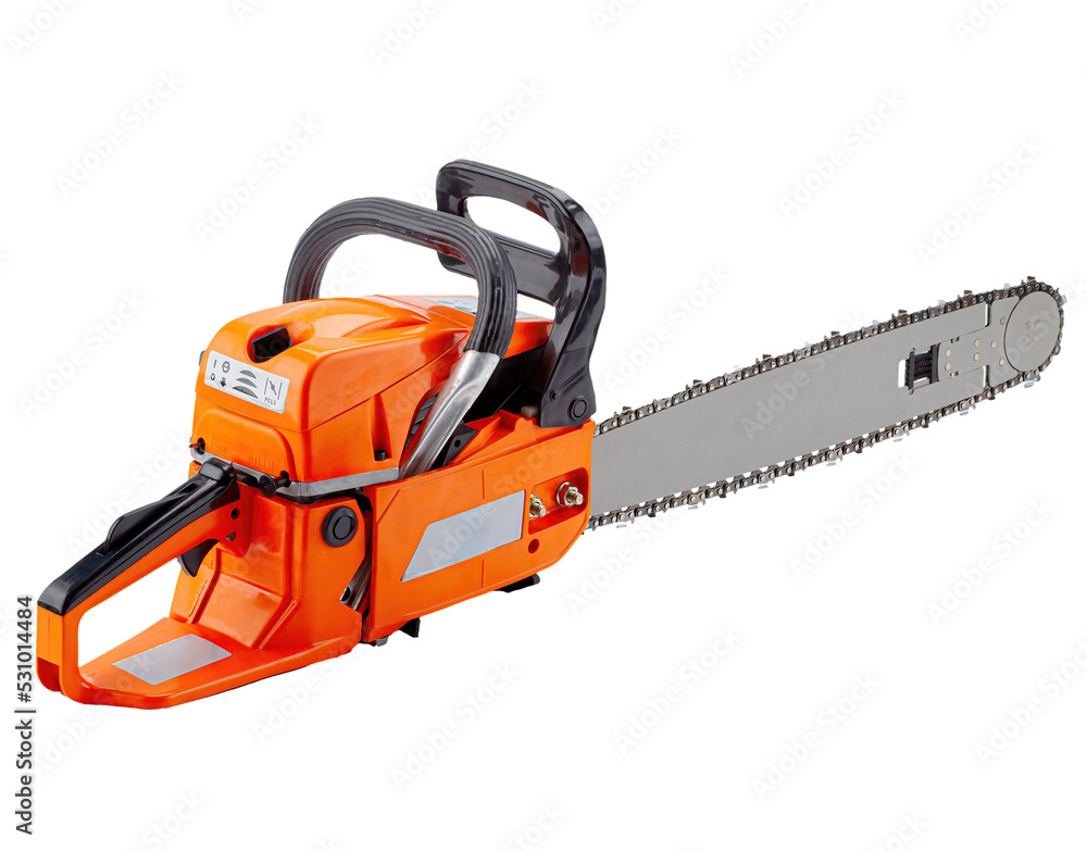 Chainsaw isolated on white background, including clipping path. Modern gasoline saw tool