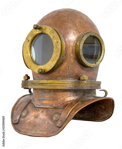 Old antique metal scuba helmet with clipping path isolated on white background. Copper old vintage deeps sea diving suit