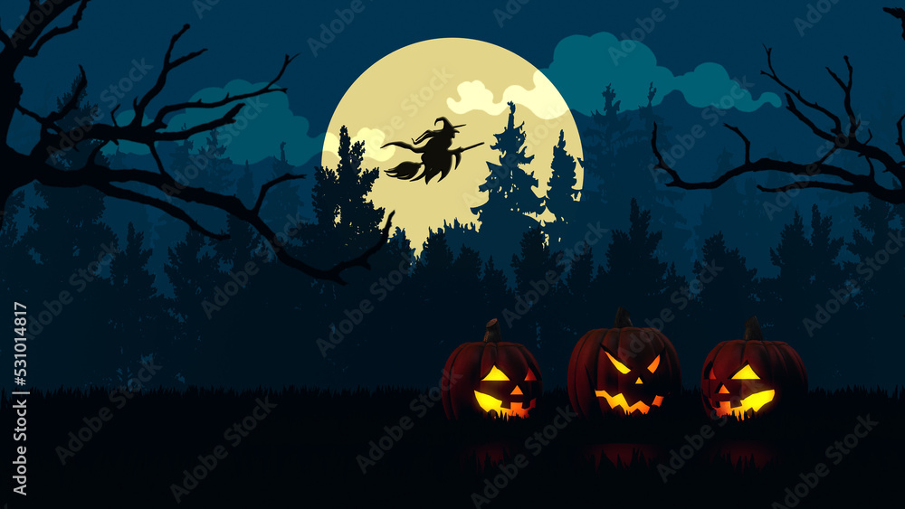 Halloween themed background with pumpkins and flying witch	