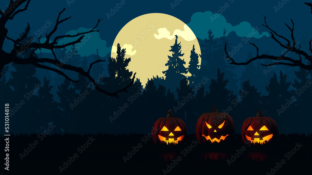 Halloween themed background with pumpkins and flying witch	