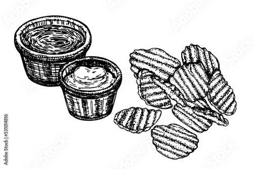 Potato Chips. Strokes Sketch on Chalkboard. Potato chips, ketchup and mayo in bowl. Fast food with sauce. For brand ad, packaging design. Isolated Vector for template, menu, poster, special offers