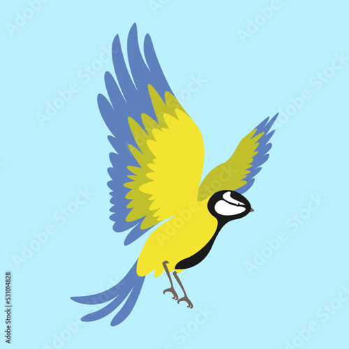 titmouse in flight on a blue background