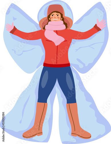 Happy cartoon young woman making a snow angel. Young woman enjoy first snowfall. Smiling girl making snow angel cartoon illustration for winter entertainments concept. Top view. Vector.