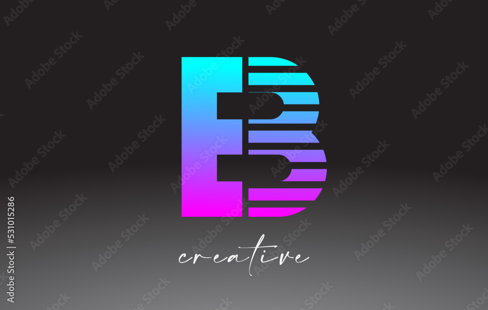 Fototapeta premium Purple Blue Neon Lines Letter B Logo Design with Creative Lines Cut on half of The Letter