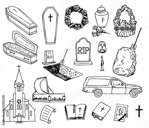 Funeral and cemetery attributes doodle set. Collection of high quality outline Funeral pictograms sketch style. Coffin, grave, wreaths, funeral urn, temple for web design and mobile app on white