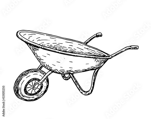 Garden wheelbarrow with handles. Agriculture cart wheel sketch farm. Hand drawing, engraving, ink, line art, vector