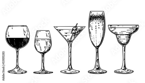 Set of glass goblets in ink hand drawing. isolated on white. Glasses with white and red wine on the white background. Vector illustration