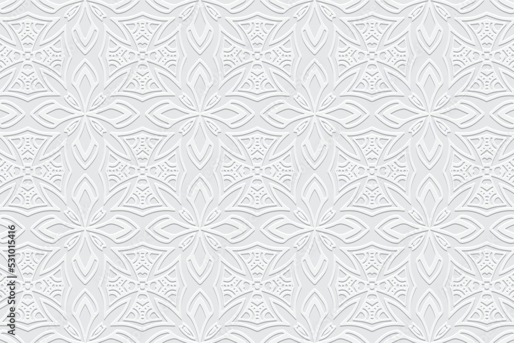 Embossed white background, ethnic elegant cover design. Geometric 3D pattern, press paper, boho style. Tribal ornamental themes of the East, Asia, India, Mexico, Aztecs, Peru.