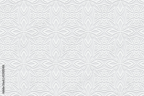 Embossed white background, ethnic elegant cover design. Geometric 3D pattern, press paper, boho style. Tribal ornamental themes of the East, Asia, India, Mexico, Aztecs, Peru.