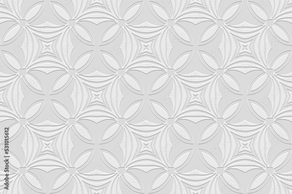 Embossed white background, ethnic creative cover design. Geometric 3D pattern, press paper, boho style. Tribal ornamental themes of the East, Asia, India, Mexico, Aztecs, Peru.