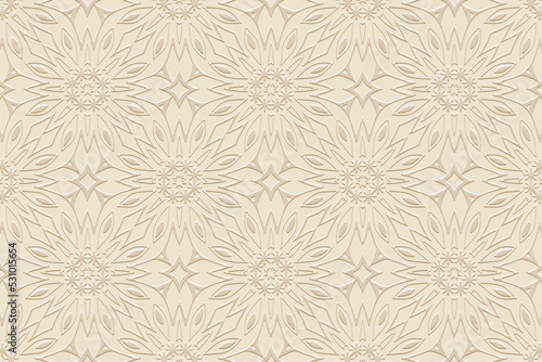Embossed light background, ethnic abstract floral cover design. Geometric 3D pattern, press paper, boho style. Tribal ornamental themes of the East, Asia, India, Mexico, Aztecs, Peru.