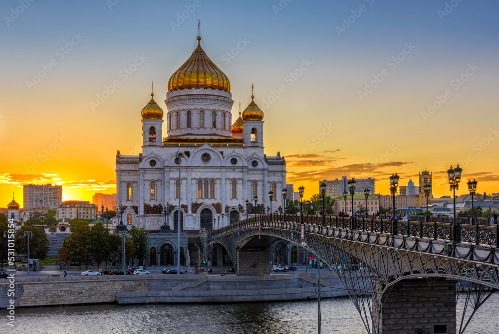 Sunset view of Cathedral of Christ the Savior and Moscow river in Moscow, Russia. Architecture and landmark of Moscow