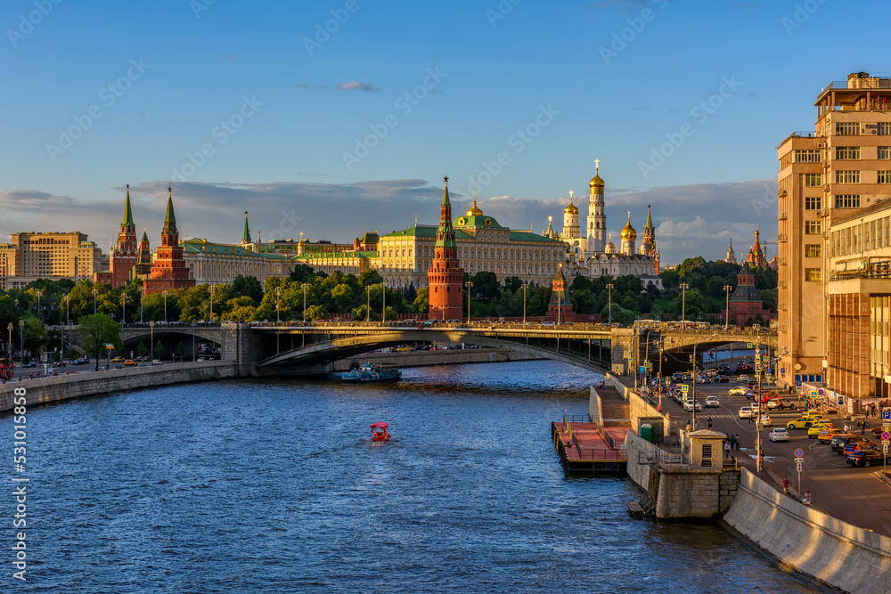 Moscow Kremlin, Kremlin Embankment and Moscow River at sunset in Moscow, Russia. Architecture and landmark of Moscow