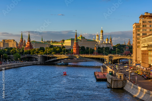 Moscow Kremlin  Kremlin Embankment and Moscow River at sunset in Moscow  Russia. Architecture and landmark of Moscow