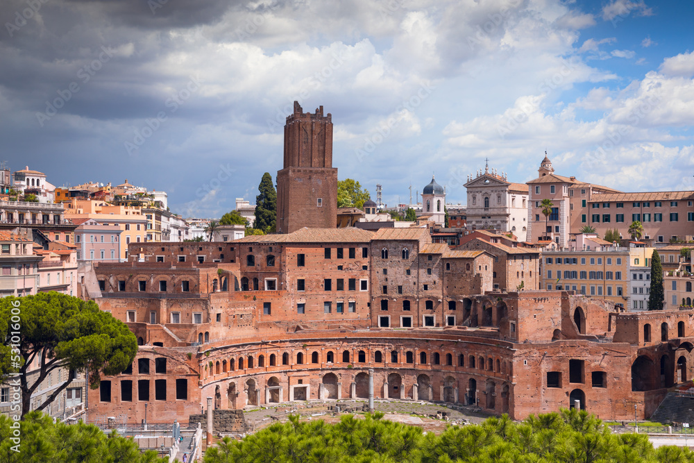 Panoramic view of Trajan's Market (Mercati Traianei) on the Via dei Fori Imperiali, in Rome, Italy.