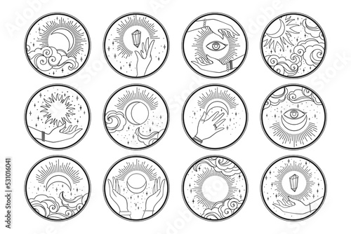 Collection of vector round icons with abstract hands, clouds, sun, moon and stars isolated on white background. Set of mysterious signs for social media stories, logo or emblem