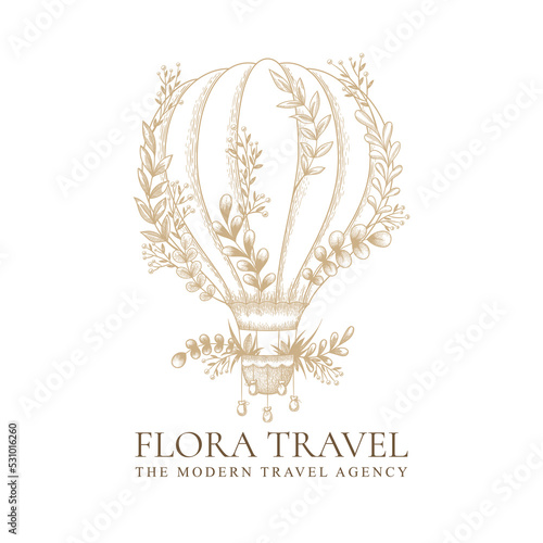 Vector vintage logo with hand drawn sketch hot air balloon, plants, herbs, branches and floral elements isolated on white background. Design concept for travel agency emblem or label, branding
