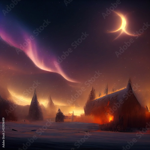 Obraz na plátně Medieval magic winter city under an eclipse, aurora north pole