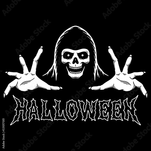 GRIM REAPER PULLS HIS HANDS HALLOWEEN TEXT WHITE BLACK BACKGROUND