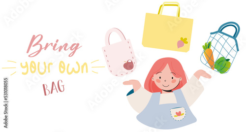 PrintApportez vos sacs ! Flat illustration en vecteur d'une femme heureuse montrant divers sacs à apporter en magasins.