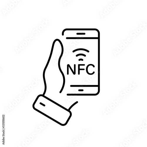 Hand Hold Smartphone Contactless Payment Line Icon. NFC Technology in Mobile Phone Money Pay Linear Pictogram. Cellphone Digital Pay Wave Outline Icon. Editable Stroke. Isolated Vector Illustration
