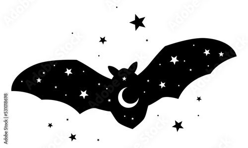 Vector composition with bat and stars. Hand drawn illustration. Isolated objects on white background.