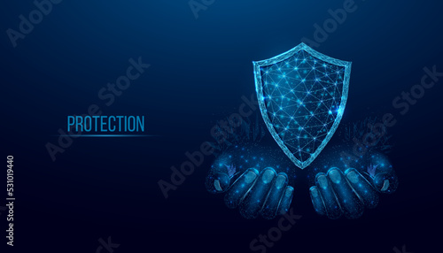 Two human hands hold a shield. Wireframe glowing low poly guard. Design on a blue background. Abstract futuristic vector illustration