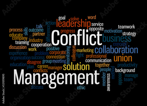 Word Cloud with CONFLICT MANAGEMENT concept  isolated on a black background