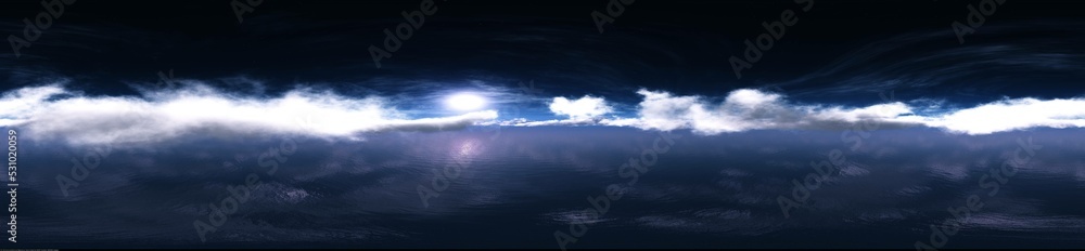 Panorama of the night sky under the moon top view of the clouds, clouds panorama, flying above the clouds in the night sky, 3d rendering