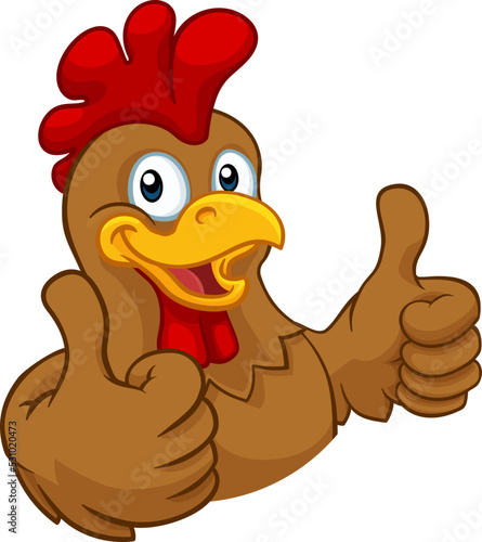 Fotografiet A chicken cartoon rooster cockerel character mascot giving a thumbs up