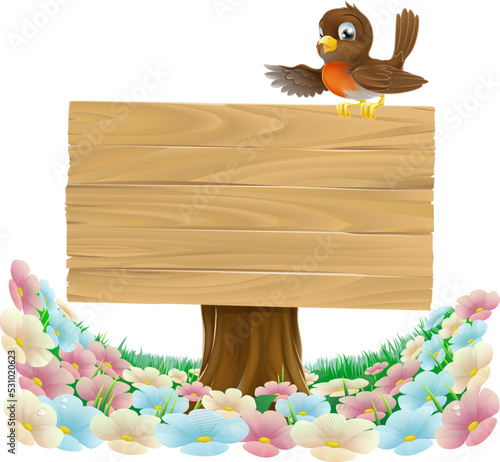 A robin bird cartoon wooden background sign