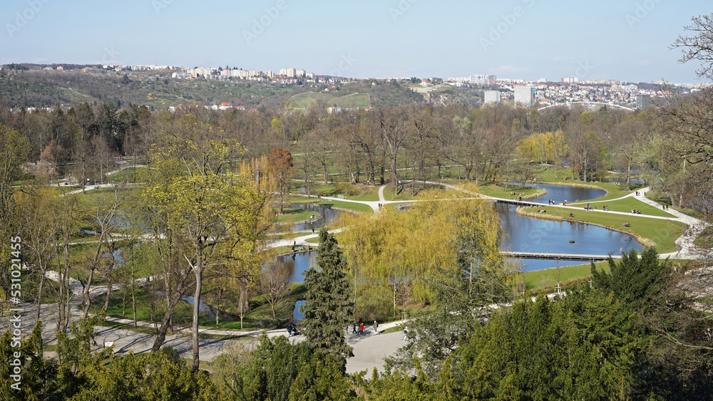 Stromovka Park called as Prague Central Park aerial view, centre of relaxation for joggers, in-line skaters, cyclists or families, Prague, Czechia