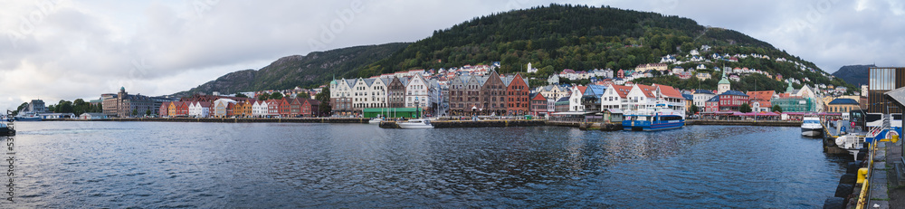Panorama of the famous Bryggen in Bergen, Norway. World UNESCO heritage site.