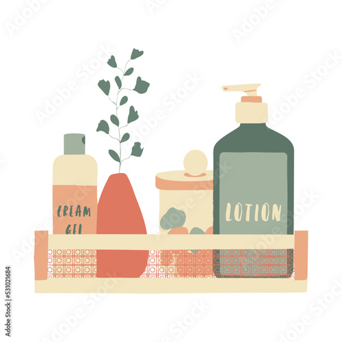 Flat vector illustration with hand drawn cosmetics on a shelf. Skin care products: cream gel jar, cotton pads, moisturizer lotion in sage green, red, beige colors. For shop, stickers, cards, flyers
