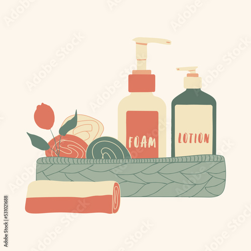 Flat vector illustration with spa cosmetics: hand drawn wicker basket with skin care products. Cream and lotion jar, tube, dispenser, towels in sage green, red, beige colors. For shop, stickers