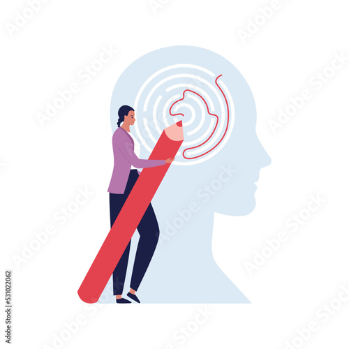Mental health and psychology concept. Vector flat design healthcare illustration. Female psychotherapist with pencil draw line in labyrinth inside human head isolated on white background.