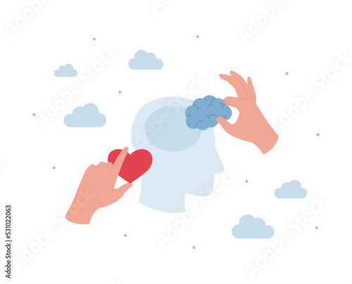Mental health and emotional regulation concept. Vector flat design healthcare illustration. Human hand put brain and heart shape to head silhouette isolated on white background.