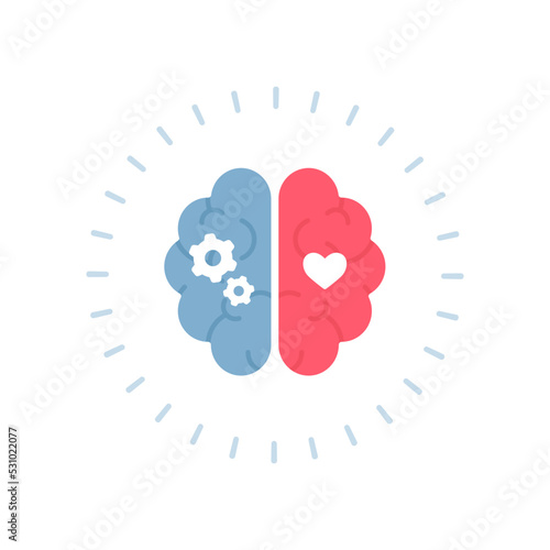 Mental health, eq and emotional regulation concept. Vector flat design healthcare illustration. Human brain with half of rational gear and emotional heart shape symbol isolated on white background.